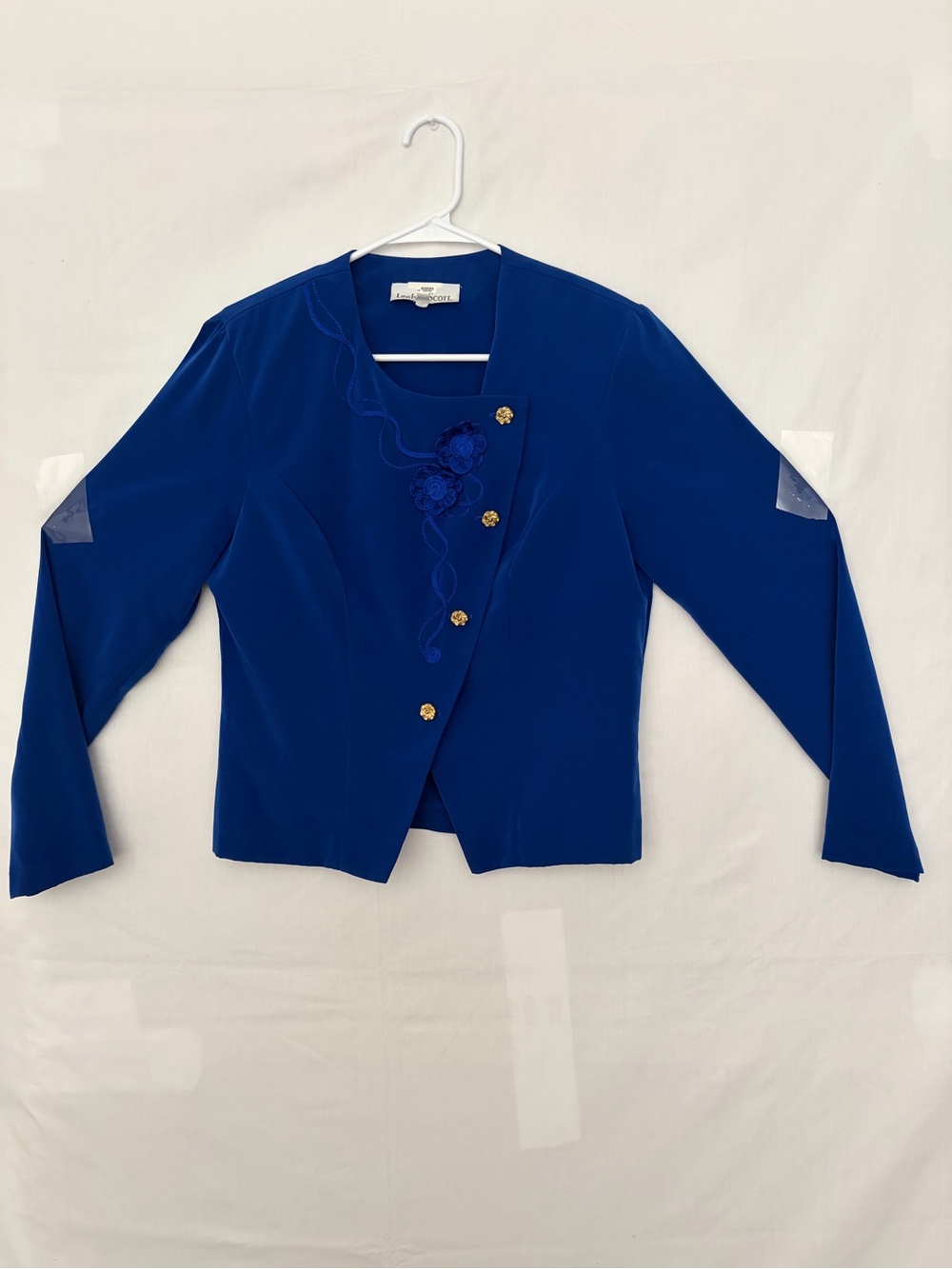 Vintage Lindsey Scott Royal Blue Asymmetric Floral Applique Blazer Sz 10(A885)